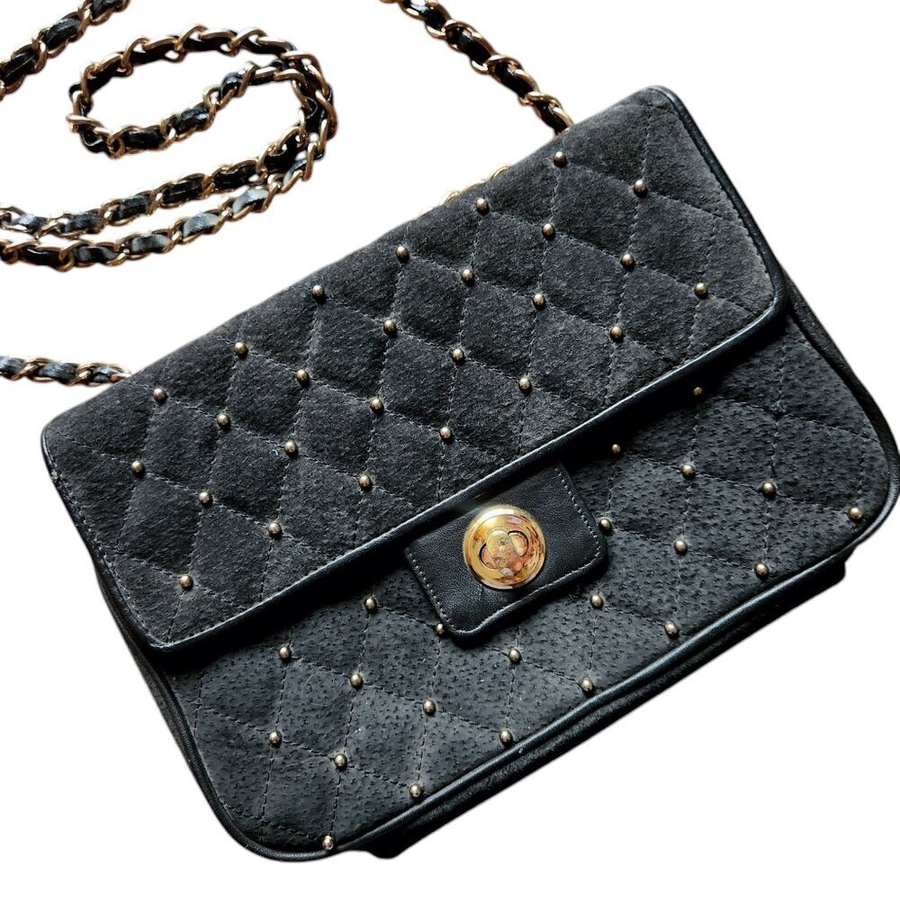 Vintage Vanessa Studded Black Nubuck Quilted Evening Shoulder Chain Strap Bag